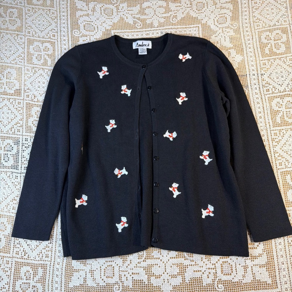 Ambra Black Westie Terrier Dog Embroidered Button Cardigan Sweater XL Grannycore